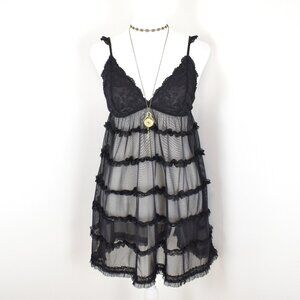 VTG 00s Y2K Black Sheer Mesh Ruffle Tiered Floral Lace Flowy Babydoll Slip Dress